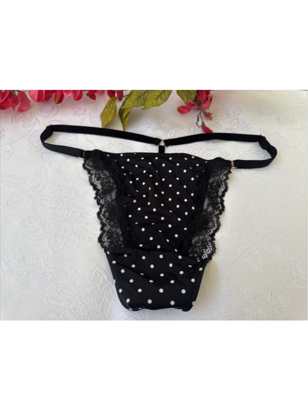 VICTORIA'S SECRET XL SILKY BLACK WHITE POLKA V STRING THONG ADJ SIDE PANTIES NWT